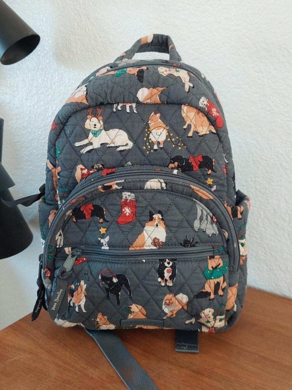 Vera Bradley Essential Compact Backpack Dog Show Holiday Christmas Quilted Gray